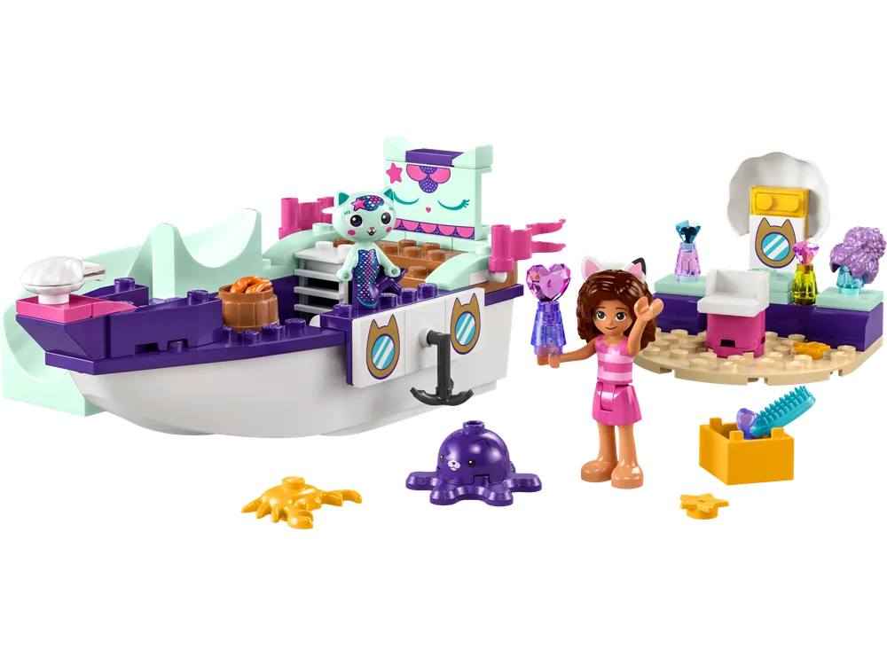 Gabby and MerCat's Ship and Spa LEGO set 10786 with all elements on a white background, featuring a boat and a separate spa island.