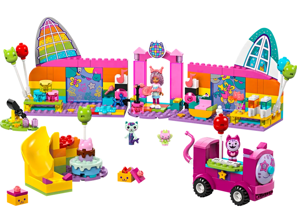 Full LEGO Gabby's Dollhouse set 10797 with Gabby, Pandy Paws, MerCat, Cakey, and Kitty Fairy, showcasing the modular party room, cake slide, and music train.