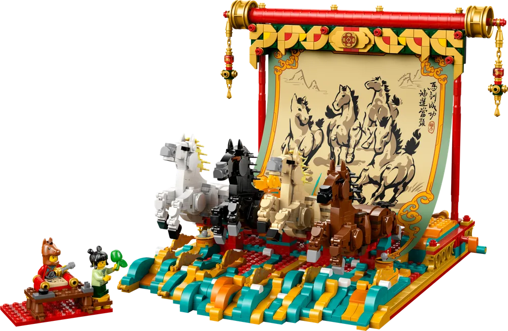A dynamic LEGO display of five galloping horses with a large scroll background, vibrant base, and two minifigures.