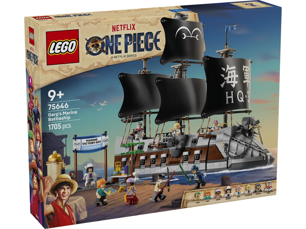 Lego Garp's Marine Battleship 75646 box art, showing the complete ship, minifigures, and side build with a Netflix One Piece branding.
