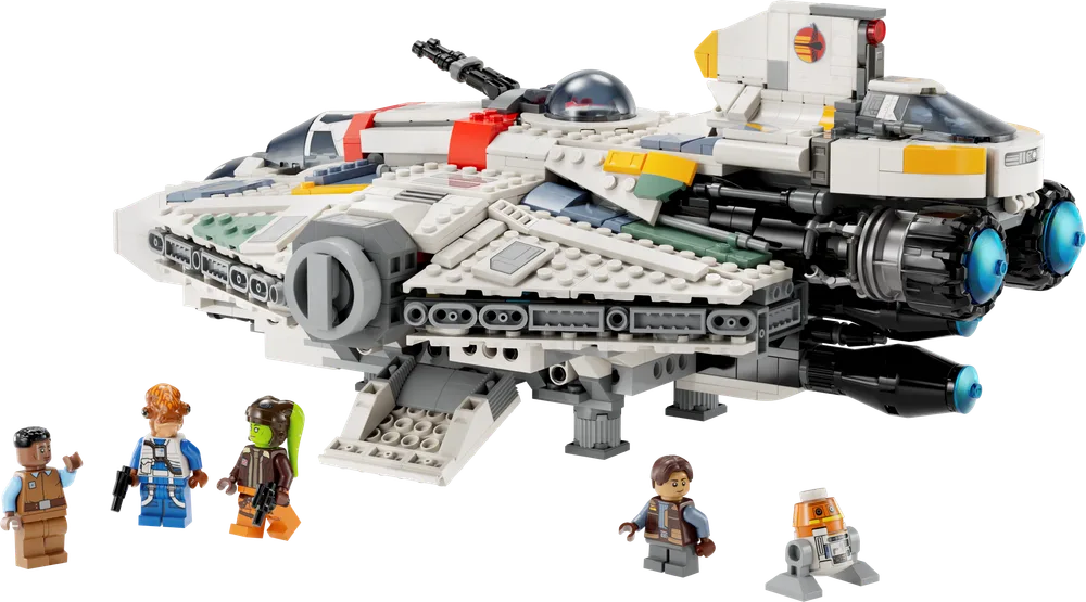 The LEGO Star Wars Ghost & Phantom II set 75357 with 1394 pieces, featuring the main ship, its detachable shuttle, and five minifigures on a white background.