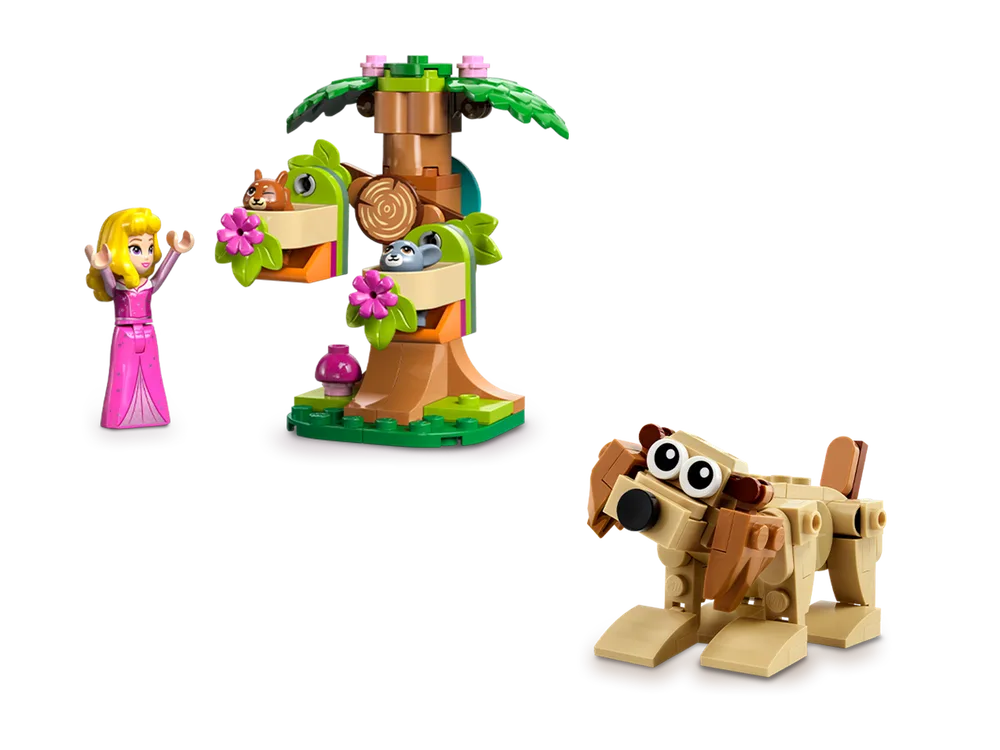 LEGO Disney Princess Aurora and a brick-built tree with a squirrel and mouse, next to a brick-built dog.