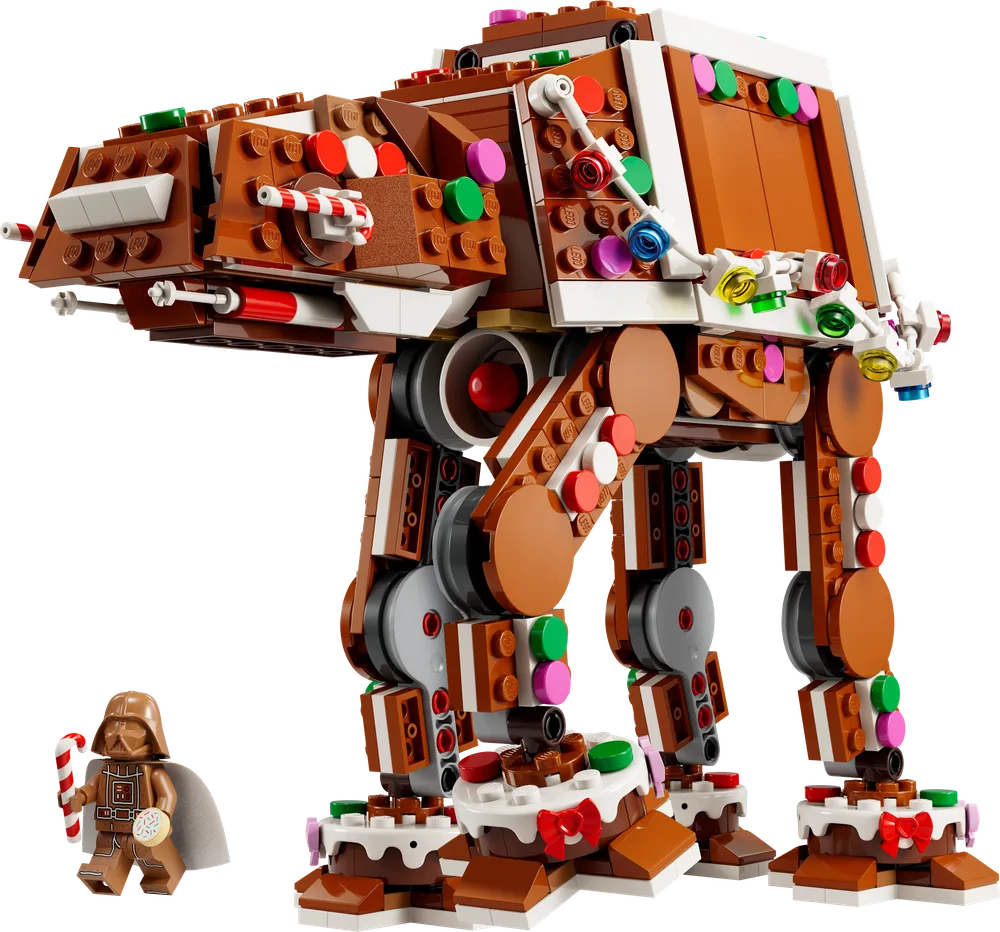 Full view of a LEGO Gingerbread AT-AT Walker with Gingerbread Darth Vader holding a candy cane.