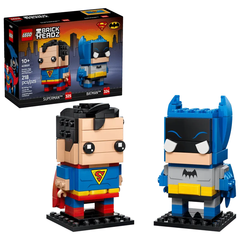 LEGO BrickHeadz DC Golden Age Superman and Batman Figures (40859) box next to the two built figures.