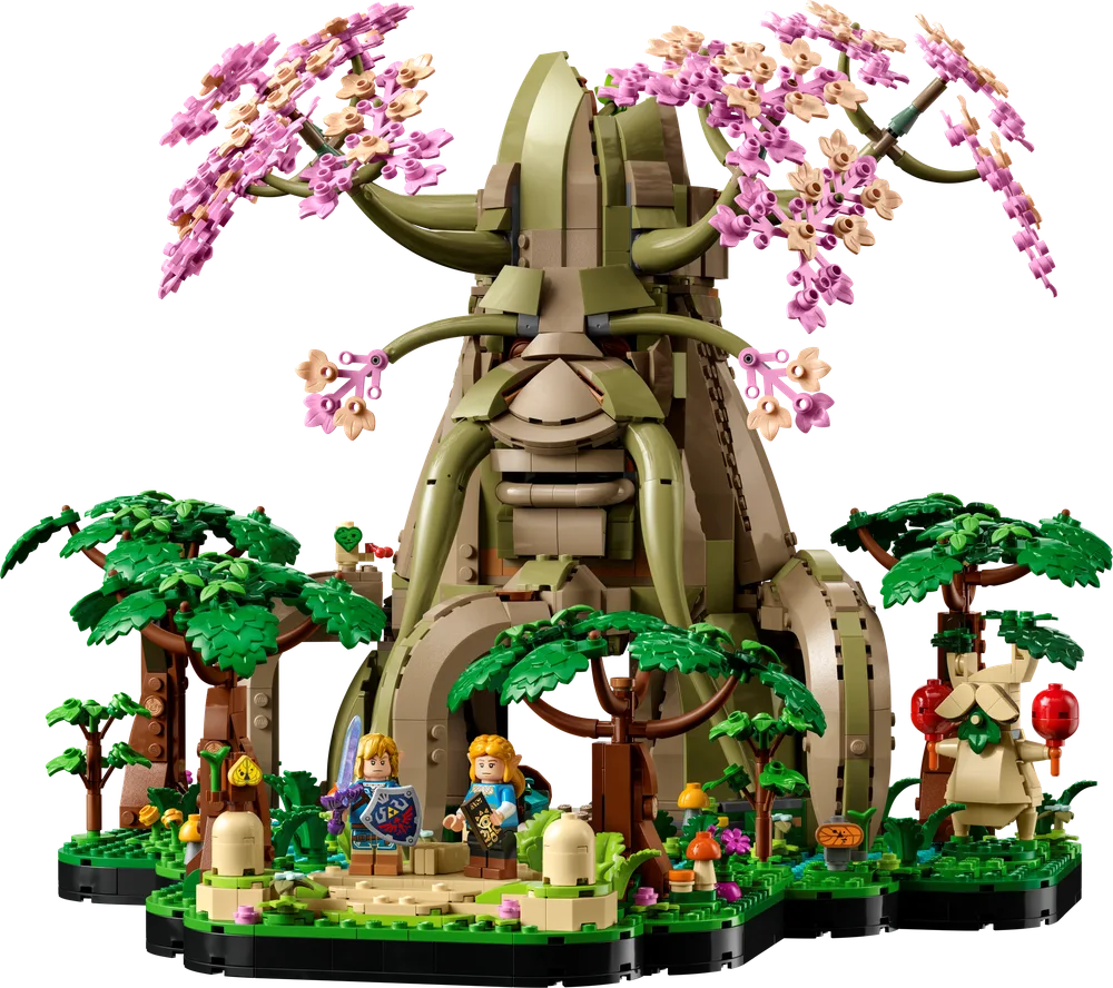 The Lego Great Deku Tree 2-in-1 set in Breath of the Wild configuration, featuring Link, Zelda, and a Korok amidst cherry blossoms.