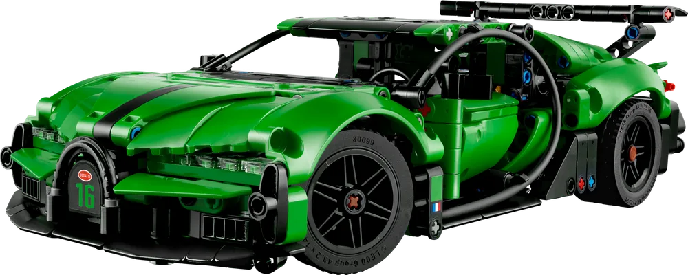 Angled front view of the completed LEGO Technic 42241 Bugatti Chiron Pur Sport in bright green with black accents and racing number 16 on the front grille. The intricate front spoiler and wheel design are visible.