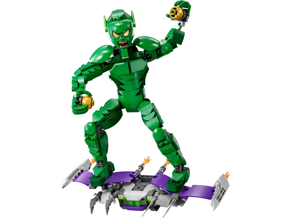 Green Goblin construction figure on a glider, in a dynamic attack pose, holding a pumpkin bomb.