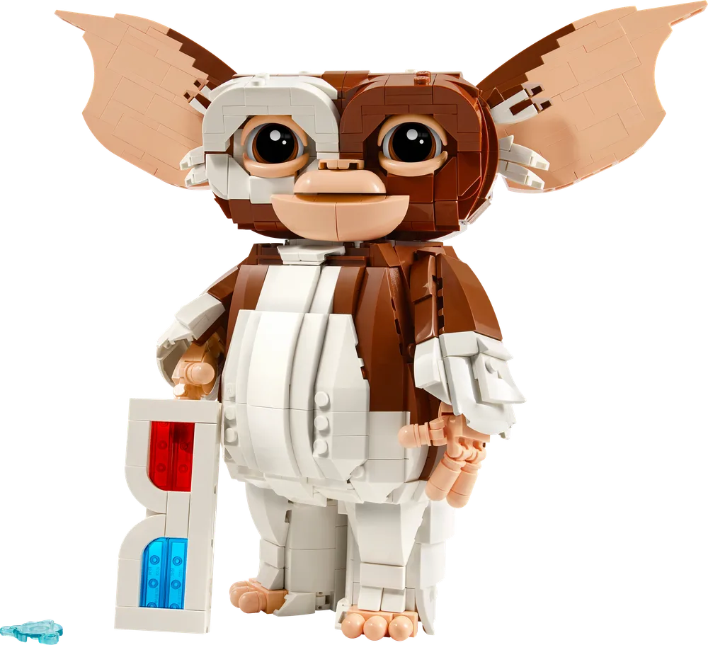 Front view of a LEGO brick-built Gizmo figure, standing with 3D glasses in hand.