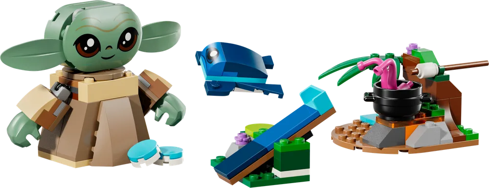 Lego Star Wars Grogu's Homestead set elements, including Grogu, a blue creature, a seesaw, and a campfire scene.