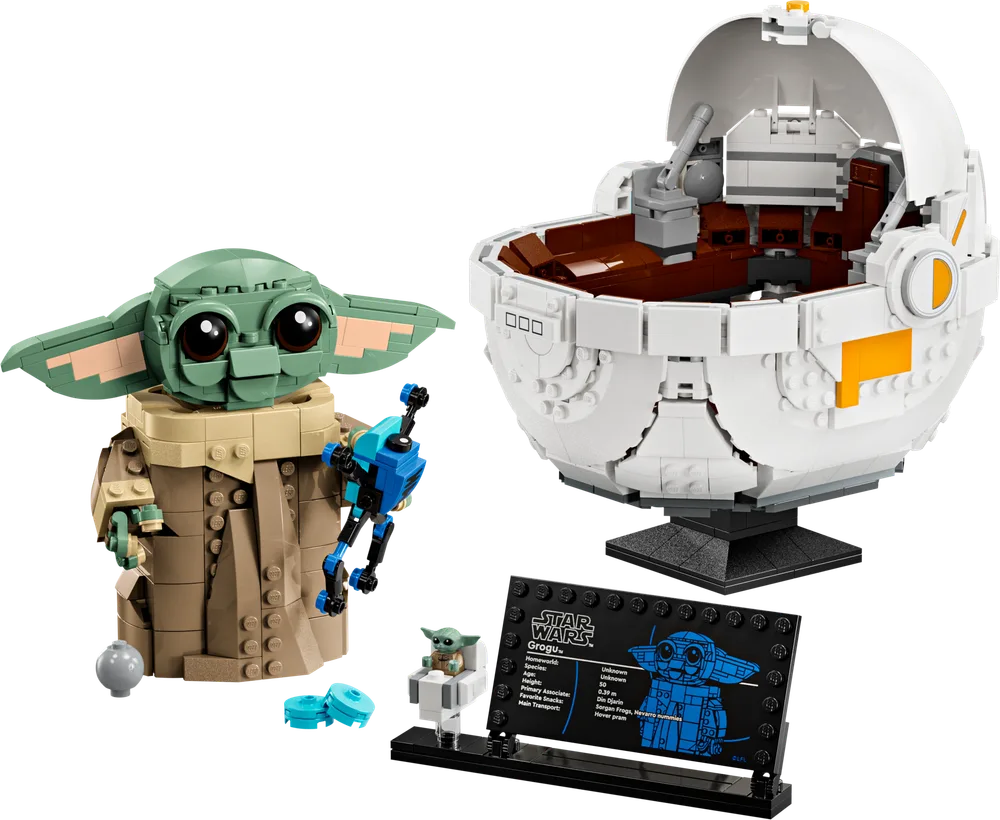 LEGO Star Wars 75403 Grogu with his hover pram, a tiny Grogu minifigure, the blue droid, and the display plaque, all presented on a white background.