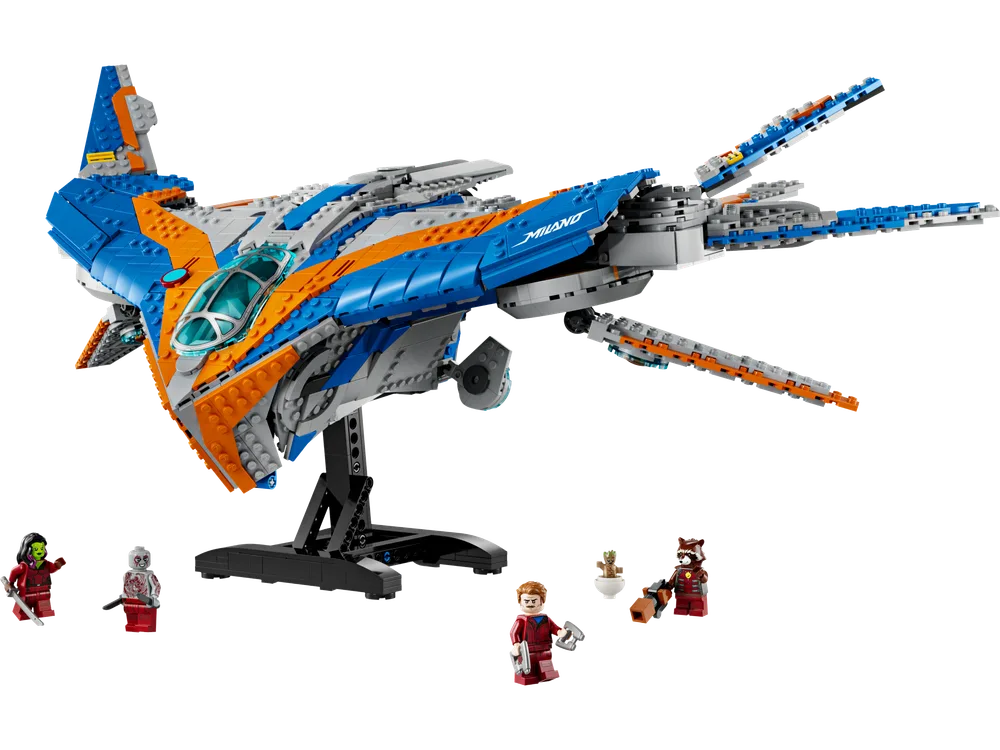 Full LEGO Marvel The Milano set on display stand with five minifigures.