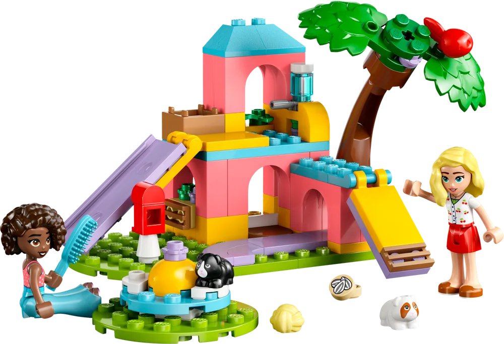 A complete LEGO Friends Guinea Pig Playground set with two minifigures, two guinea pigs, and a multi-level play structure featuring a slide and spinning platform.
