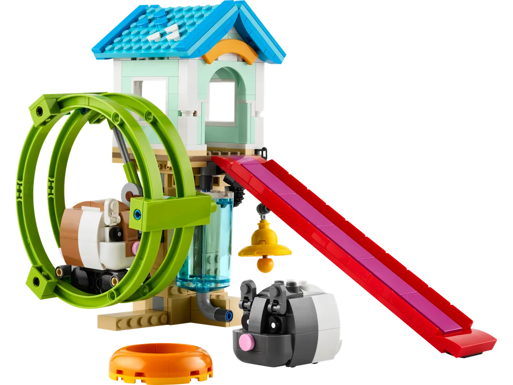 LEGO Creator 3-in-1 Hamster Wheel set 31155 main build featuring a working green wheel, light blue house, and red slide on a white background.