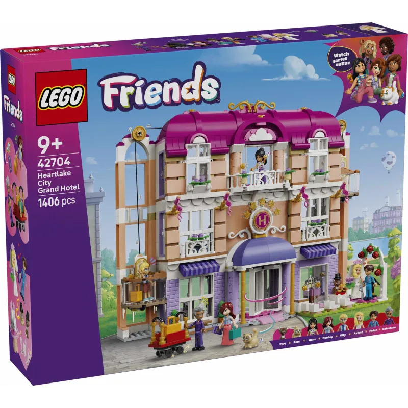 LEGO Friends Heartlake City Grand Hotel box showcasing the set number 42704, piece count 1406, and age recommendation 9+ with minifigures and the hotel facade.