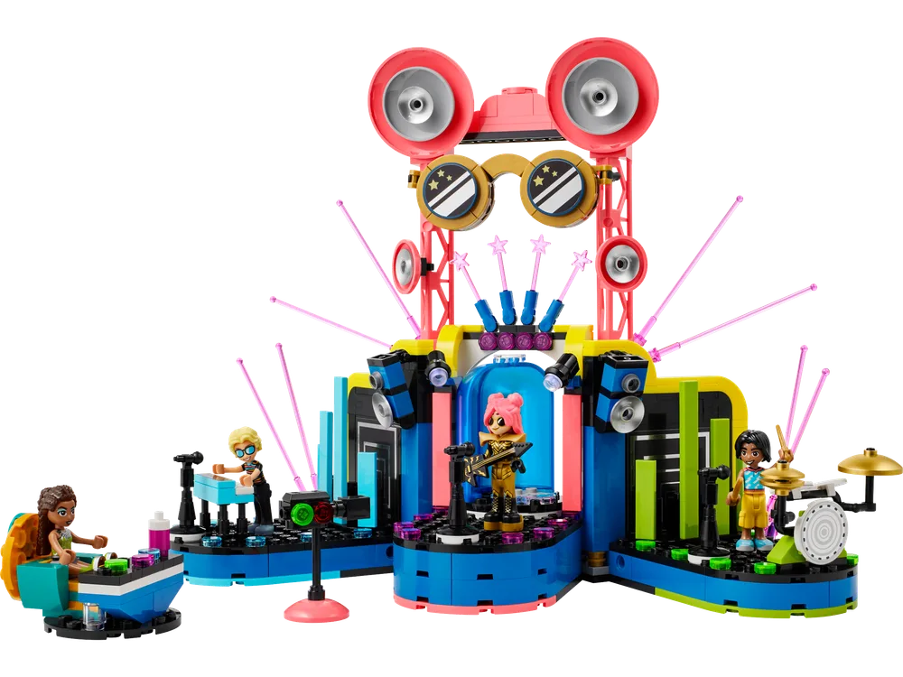 Full view of the LEGO Friends Heartlake City Music Talent Show set with all minifigures performing on a colorful stage.
