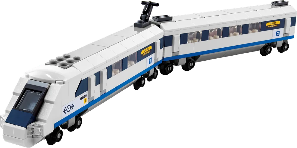 A white and blue LEGO Creator high-speed train, consisting of two connected cars, seen from the side on a white background.