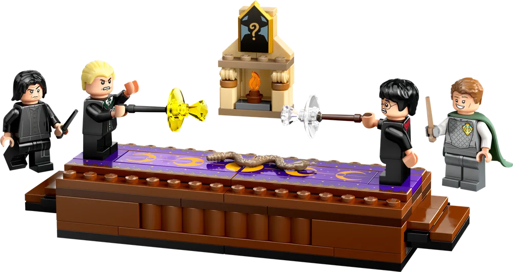 LEGO Harry Potter 76441 Dueling Club set with Harry Potter, Draco Malfoy, Severus Snape, and Gilderoy Lockhart minifigures on a dueling platform, fireplace prop with question mark.