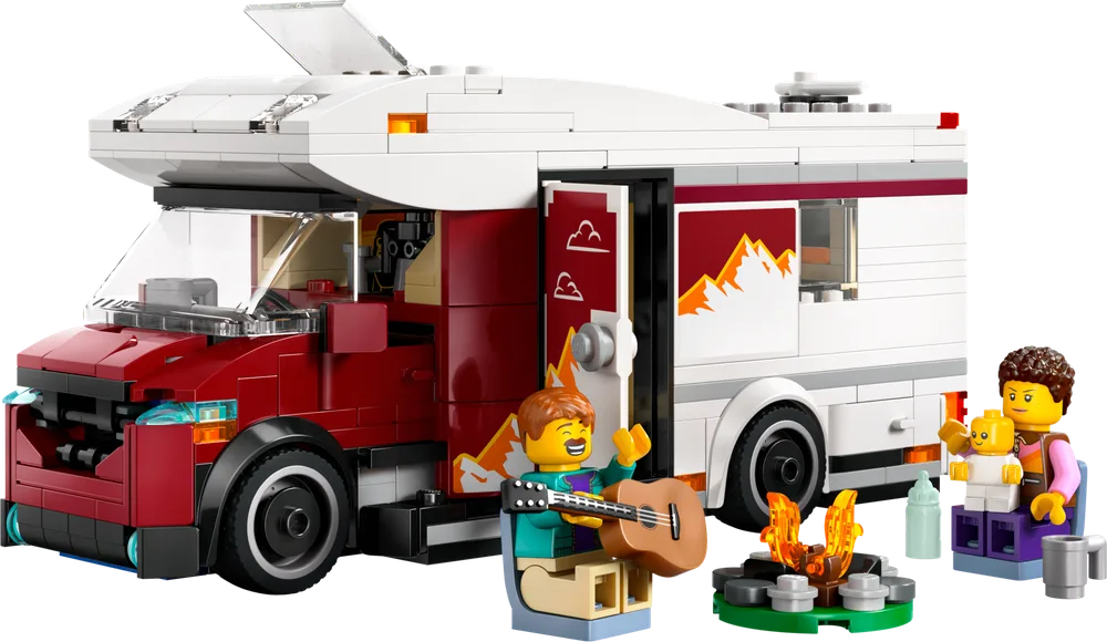 LEGO City 60454 Camper Van set with a minifigure family by a campfire, featuring the detailed van and outdoor accessories.