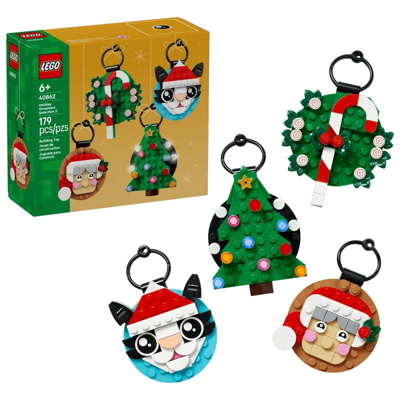 LEGO Holiday Ornament Selection 2 (40862) box and all four completed ornaments: Mrs. Claus, Cataclaws, Christmas tree, and candy cane wreath.