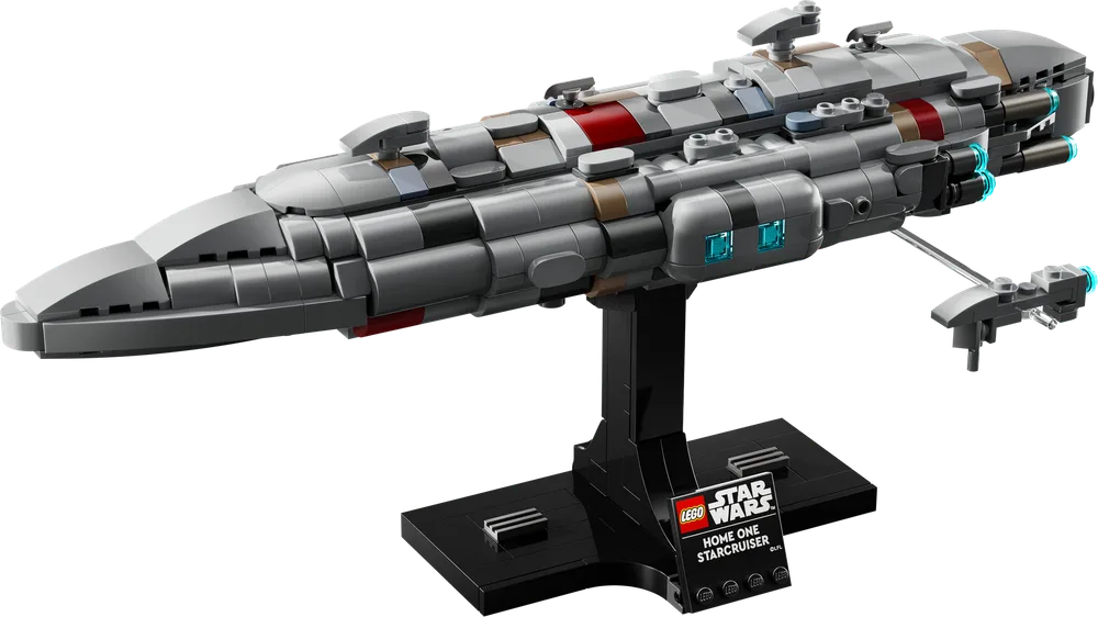 A detailed LEGO Star Wars Home One Starcruiser model is displayed on a black stand against a white background.
