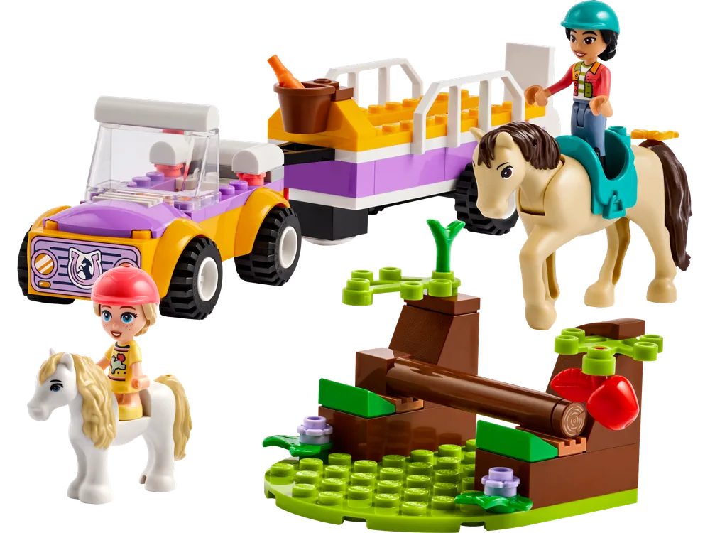 Full LEGO Friends 42634 Horse and Pony Trailer set, including a yellow and purple car, matching trailer, two minifigures, a large horse, a small pony, and a buildable log jump, all on a white background.