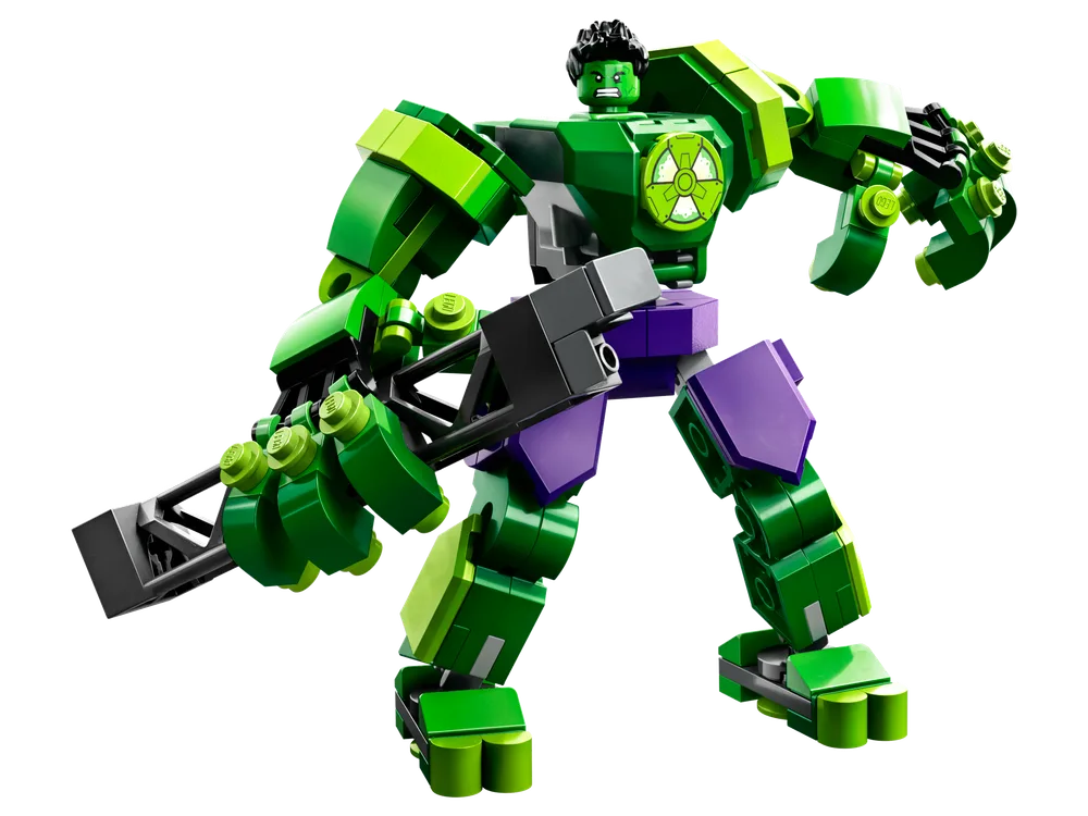 LEGO Hulk Mech Armor standing in an action pose, holding a large weapon, on a white background.