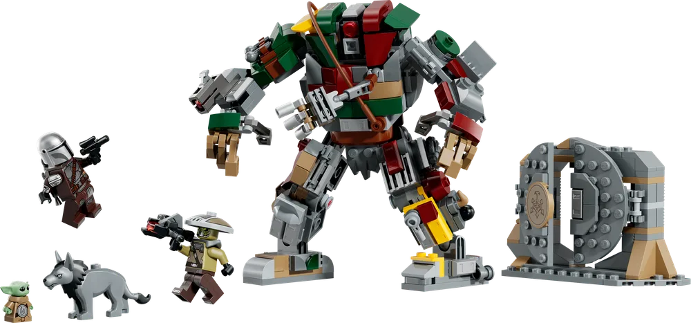Full view of the LEGO Star Wars 75451 set featuring the Hutt Palace Sentry Droid, The Mandalorian, Grogu, a Nikto Guard, a hound, and a palace gate.