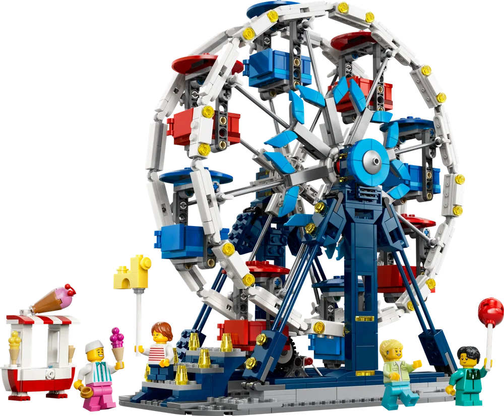 Full view of the LEGO Creator 3-in-1 Ferris Wheel set 31389, featuring the main wheel, an ice cream cart, and minifigures enjoying the fairground scene.