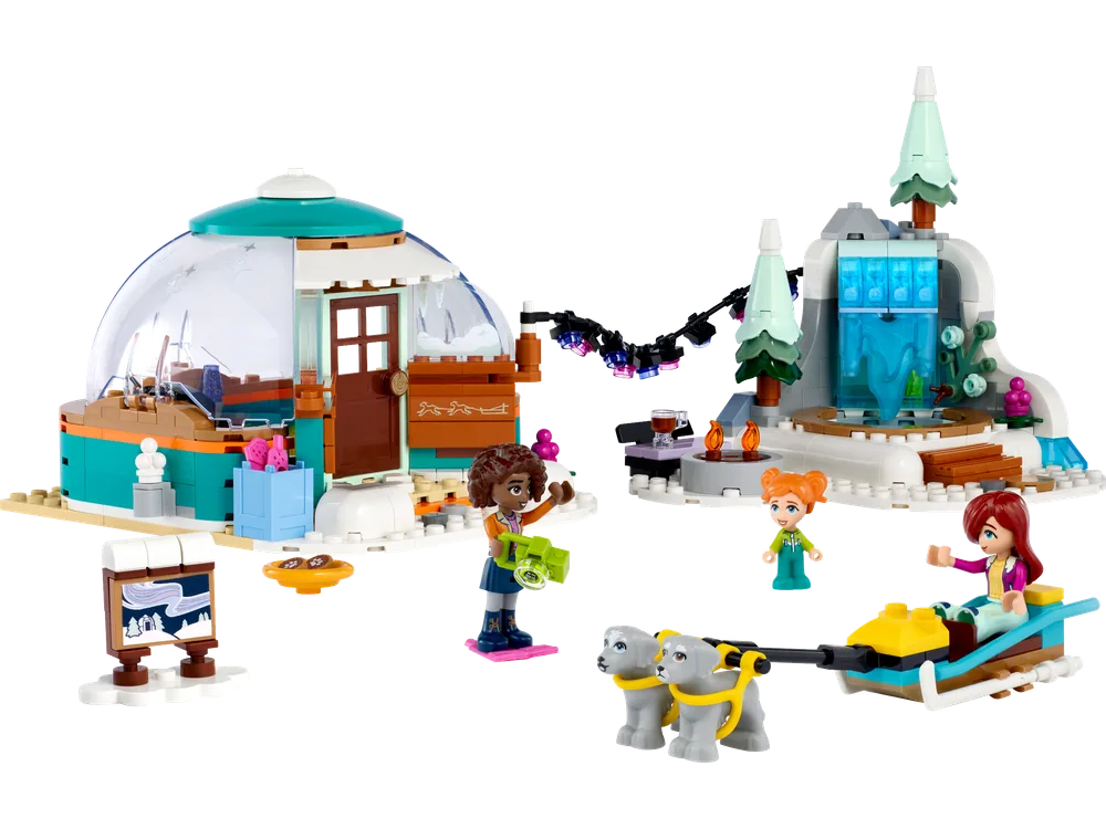 LEGO Friends Igloo Holiday Adventure set 41760, with an igloo, mountain waterfall, and dog sled with minifigures Aliya, Paisley, and Ella.