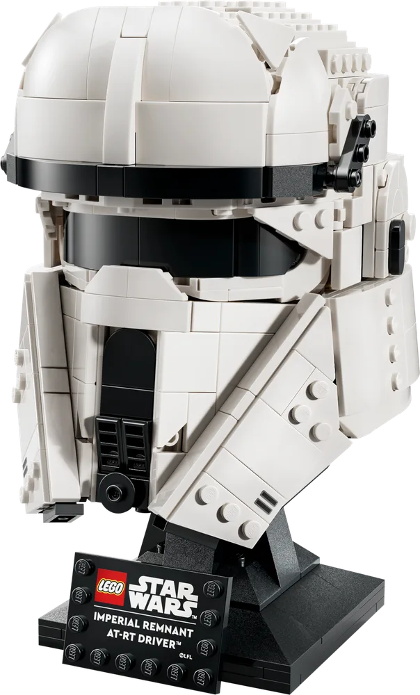 Front 3/4 view of the LEGO Star Wars Imperial Remnant AT-RT Driver Helmet on a black display stand, showing intricate white and black brick details.