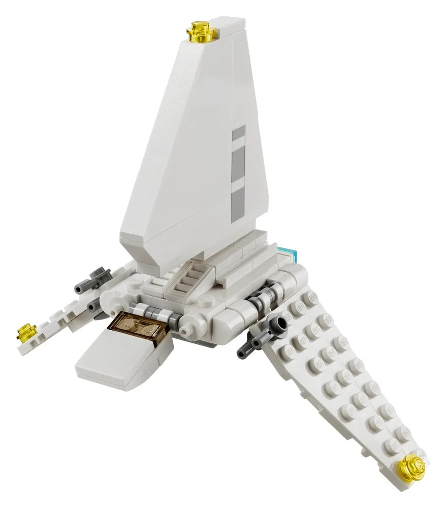 A white LEGO Imperial Shuttle model, with its wings angled downwards and its main fin pointed upwards, isolated against a white background.