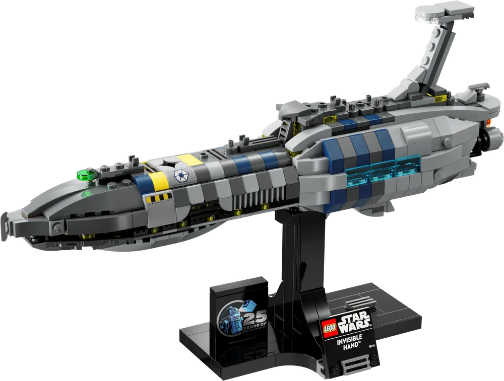 A LEGO Star Wars Invisible Hand starship on its black display stand, angled slightly right.
