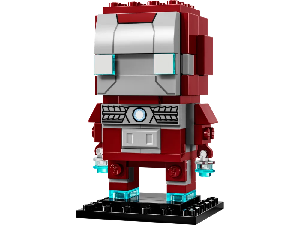 A close-up, front-facing view of the red and silver LEGO BrickHeadz Iron Man Mark V figure standing on a black baseplate.