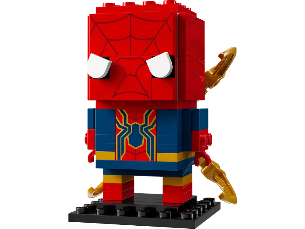 A front-facing view of the LEGO BrickHeadz Iron Spider-Man, featuring a red head with black web patterns and white eyes, a blue torso with a gold and red spider emblem, blue legs, and four metallic gold mechanical spider legs extending from his back, all on a black display base.