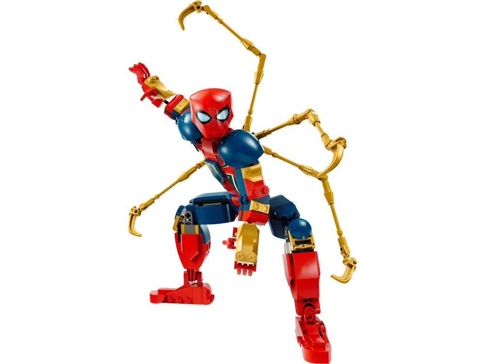 LEGO Marvel Iron Spider-Man Construction Figure in dynamic action pose, four gold spider legs extended.