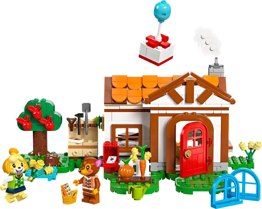 Full LEGO Animal Crossing Isabelle's House Visit set with Isabelle and Fauna minifigures outside a cozy house, surrounded by a garden, apple tree, mailbox, and a balloon present.