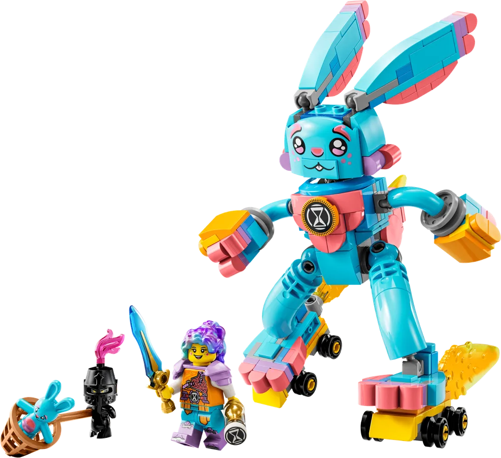 LEGO DREAMZzz Izzie and Bunchu the Bunny set 71453 with minifigures and mech, including Izzie, a Grimspawn, and a Dreamling.