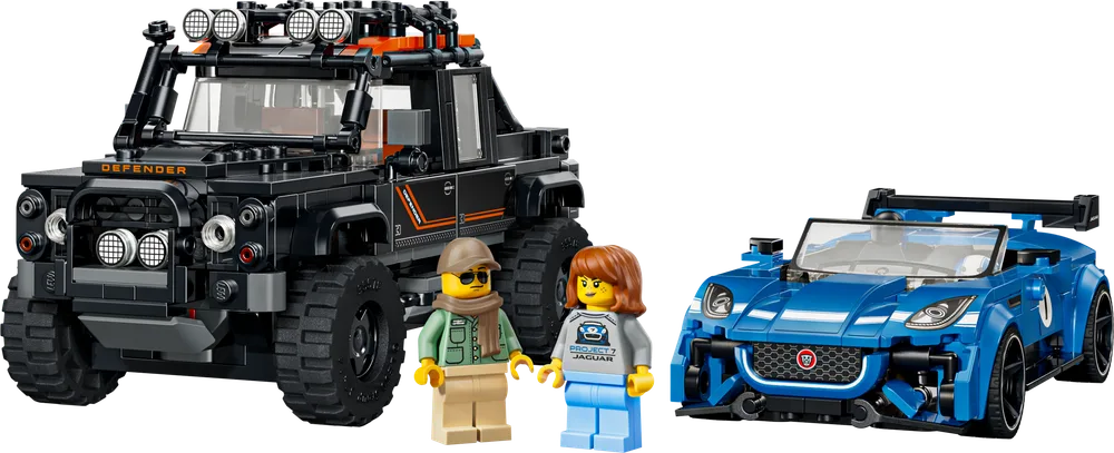 A LEGO Land Rover Defender and a LEGO Jaguar Project 7 stand side-by-side with two minifigures, showcasing their distinct designs.