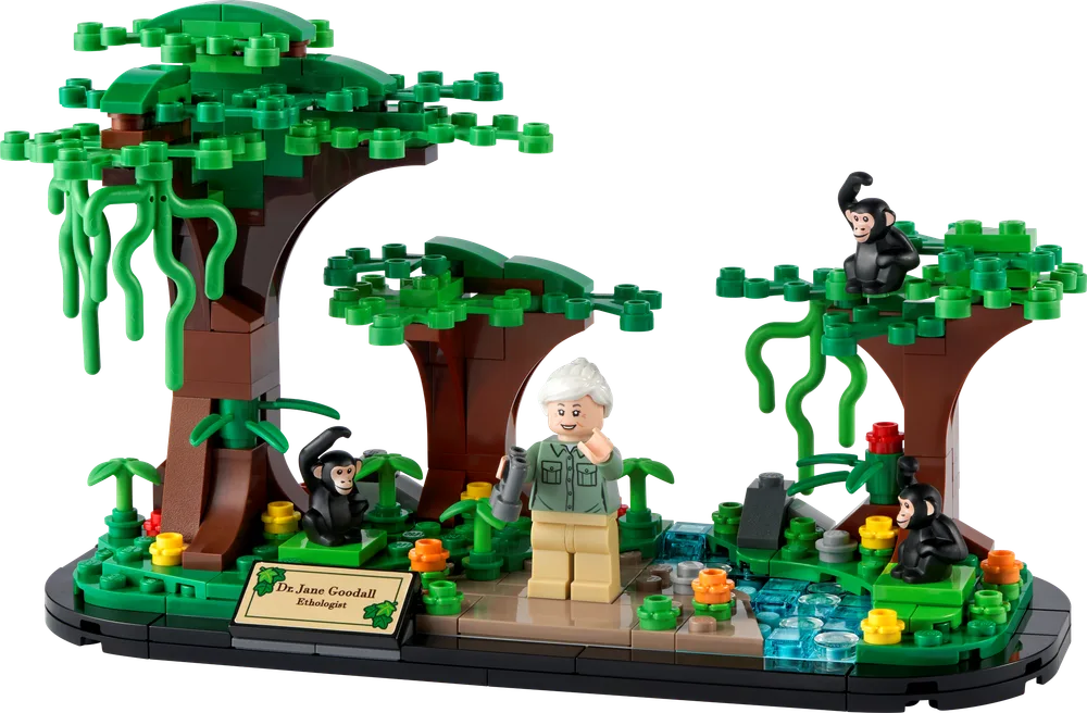 Dr. Jane Goodall Tribute LEGO set 40530 featuring Dr. Jane Goodall minifigure, three chimpanzees, and a detailed jungle habitat with trees and a flowing river.