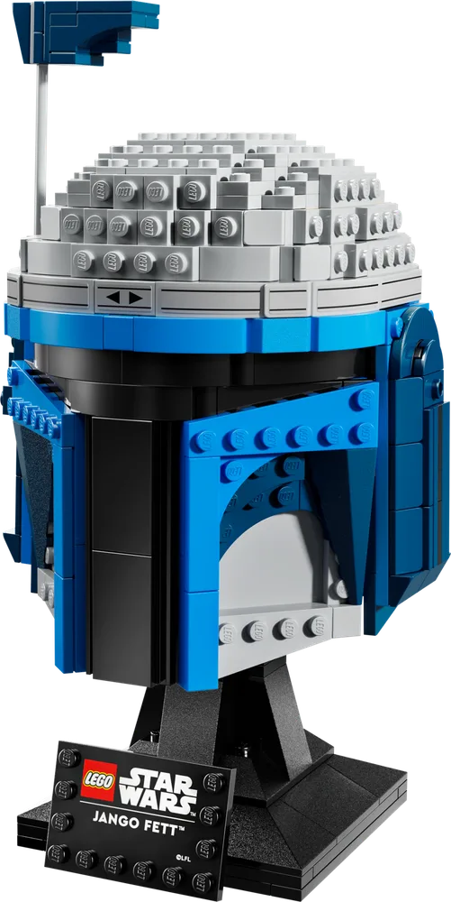 A LEGO Star Wars Jango Fett helmet set on a black display stand, angled slightly to the left, showcasing its blue, grey, and black colors with a posable rangefinder.