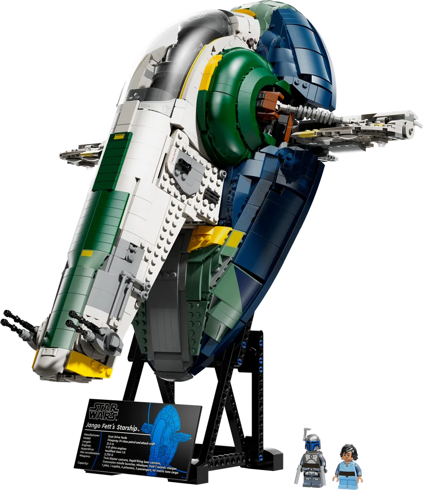 LEGO Star Wars 75409 Jango Fett's Starship displayed vertically on its stand, with Jango Fett and Young Boba Fett minifigures, and a display plaque showing specifications.