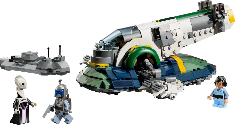 LEGO Star Wars Jango Fett's Starship with Jango Fett, Young Boba Fett, and Taun We minifigures and a small ground vehicle.