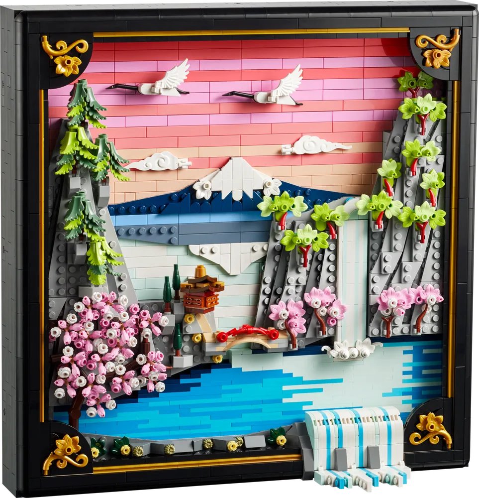 Full front view of the LEGO Art Japanese Cherry Blossom Landscape set 31218, showcasing a vibrant scene with Mount Fuji, cherry blossoms, a pagoda, a waterfall, and cranes in flight, all within a black frame.