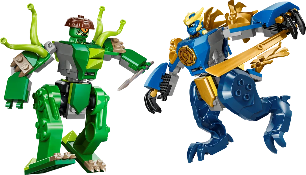 Jay's Dragon Mech and the Wolf Mask Warrior's Mech locked in a dynamic battle pose.