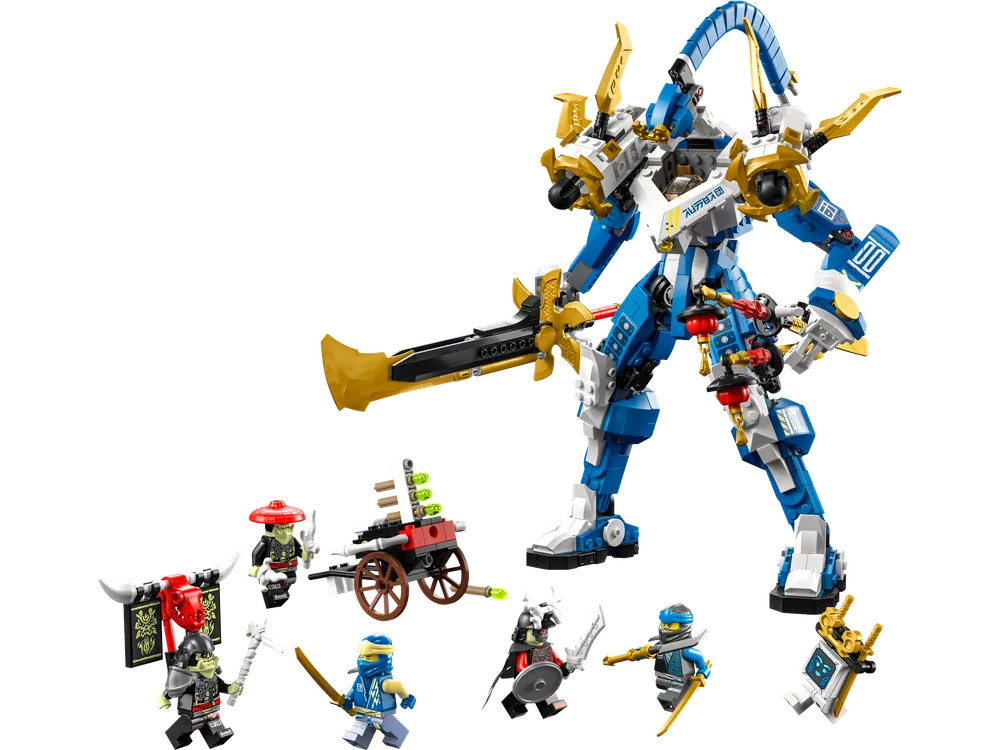 Full LEGO Ninjago Jay's Titan Mech set contents laid out, featuring the large blue and gold mech, a small wheeled cart, a banner, and six minifigures on a white background.