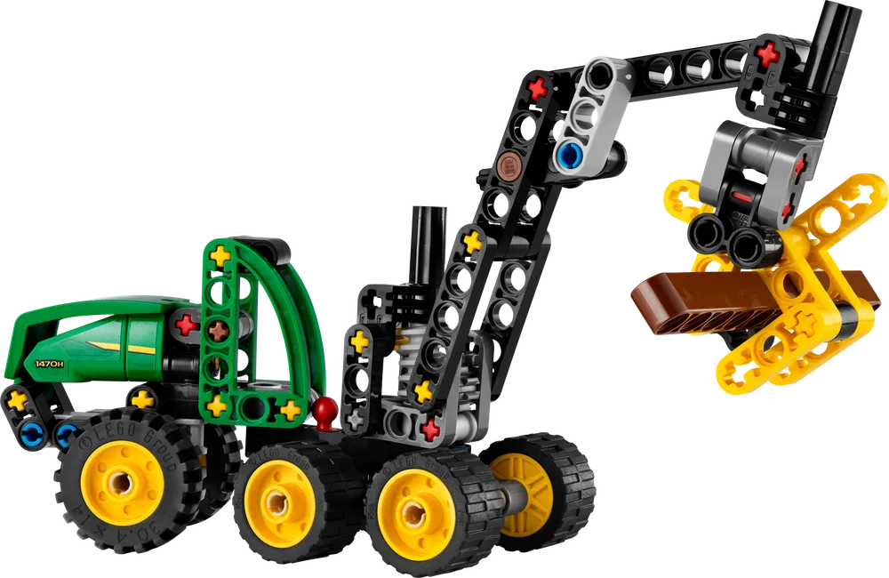 LEGO Technic John Deere 1470H Wheeled Harvester model with crane arm extended and log.
