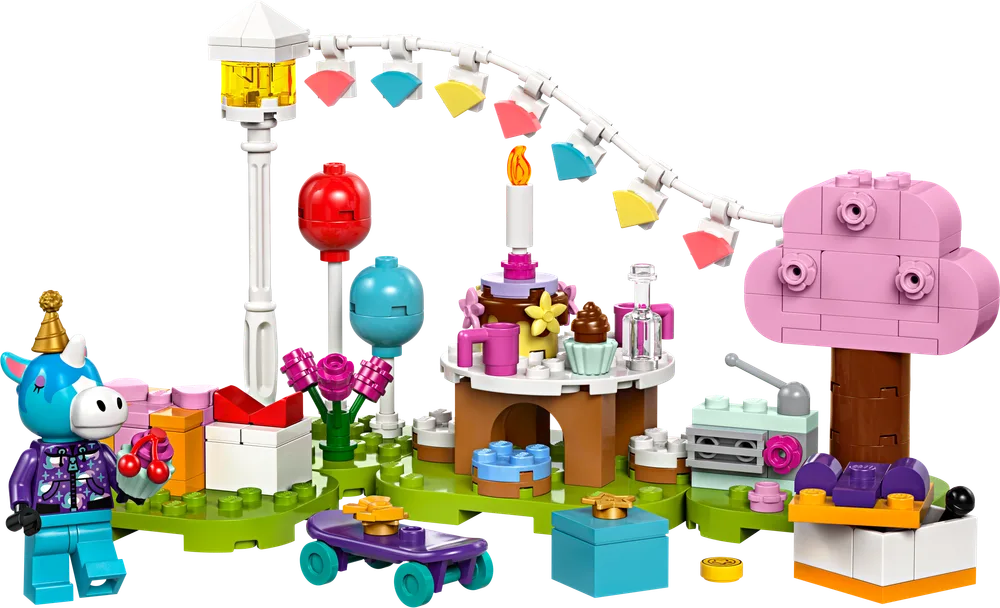 The complete LEGO Animal Crossing set, Julian's Birthday Party (77046), featuring Julian the unicorn minifigure, a birthday cake, presents, balloons, a street lamp, and a pink cherry blossom tree, all on green baseplates.
