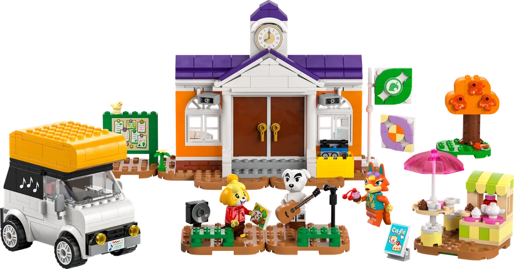The complete LEGO Animal Crossing 77052 K.K.'s Concert at the Plaza set, featuring the plaza building, a concert stage with K.K. Slider, a food truck, and a café stand with Isabelle and Audie.