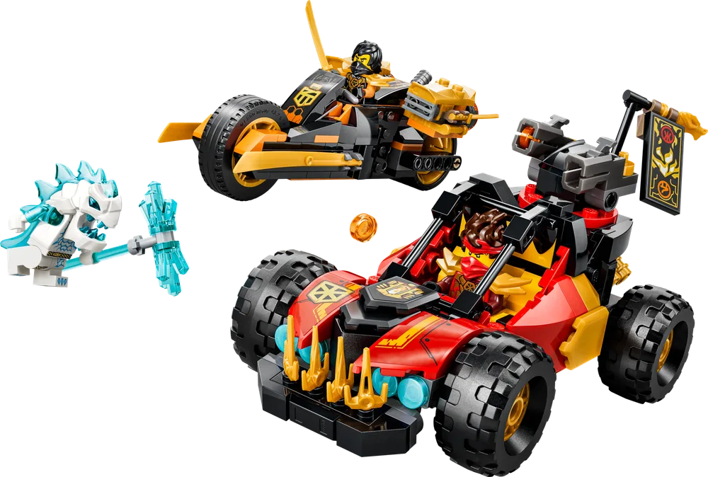 Two LEGO Ninjago vehicles, a red and gold buggy driven by Cole and a black and gold motorcycle driven by Kai, face off against a white ice dragon creature (Wolf Mask Warrior) wielding an ice weapon on a white background.