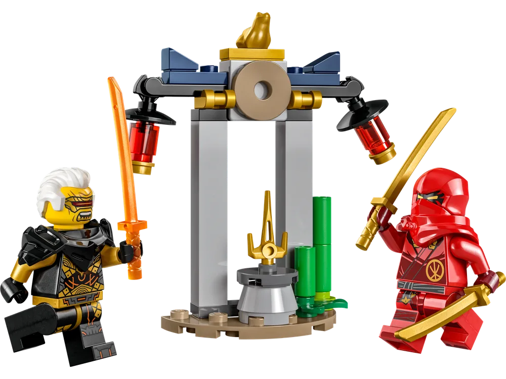 LEGO Ninjago polybag set 30650 featuring Kai and Rapton minifigures battling around a small golden temple training structure with lanterns and a golden frog.